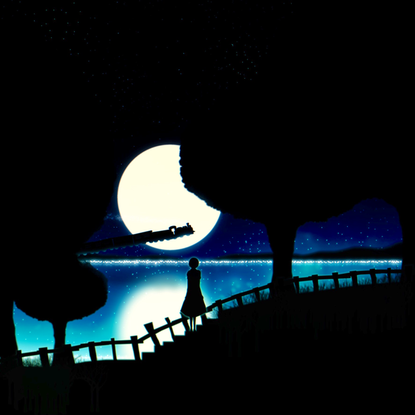 Anime picture 1774x1774 with original harada miyuki single highres standing night light reflection horizon mountain silhouette girl plant (plants) tree (trees) moon star (stars) grass full moon railing train