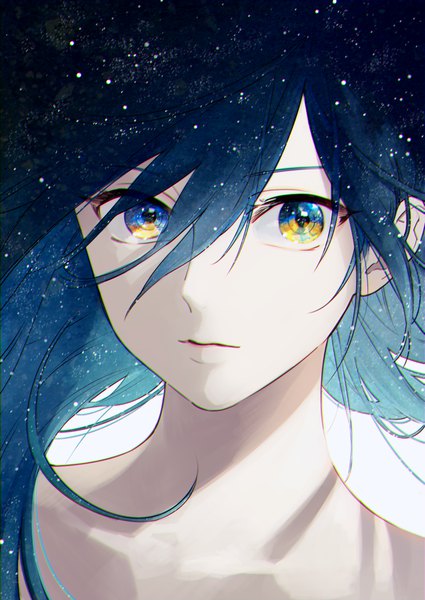 Anime picture 1504x2124 with original tayuya1130 single long hair tall image looking at viewer fringe blue eyes simple background hair between eyes white background floating hair portrait face multicolored eyes space abstract starry sky print double exposure girl