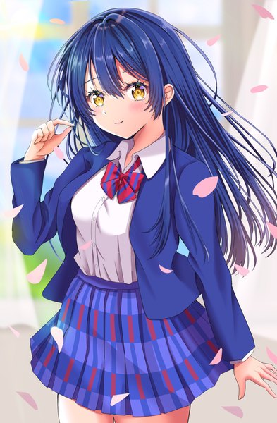 Anime picture 1895x2895 with love live! school idol project sunrise (studio) love live! sonoda umi meimaru single long hair tall image looking at viewer blush fringe highres smile hair between eyes standing yellow eyes blue hair wind open clothes plaid skirt