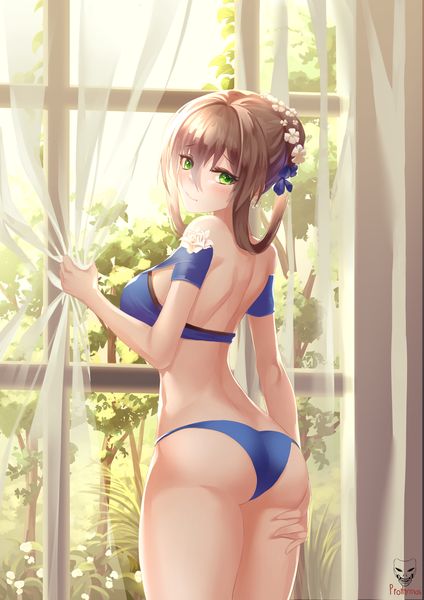 Anime picture 1518x2150 with girls frontline m1903 springfield (girls frontline) prothymos single tall image looking at viewer blush fringe short hair light erotic hair between eyes brown hair standing green eyes signed ass indoors looking back hair flower from behind