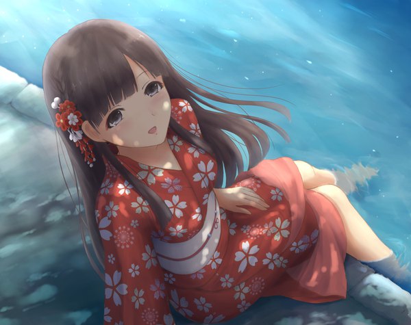 Anime picture 1350x1070 with idolmaster idolmaster cinderella girls kobayakawa sae tanpaku-chan single long hair looking at viewer blush fringe open mouth brown hair sitting brown eyes outdoors blunt bangs long sleeves traditional clothes japanese clothes barefoot hair flower