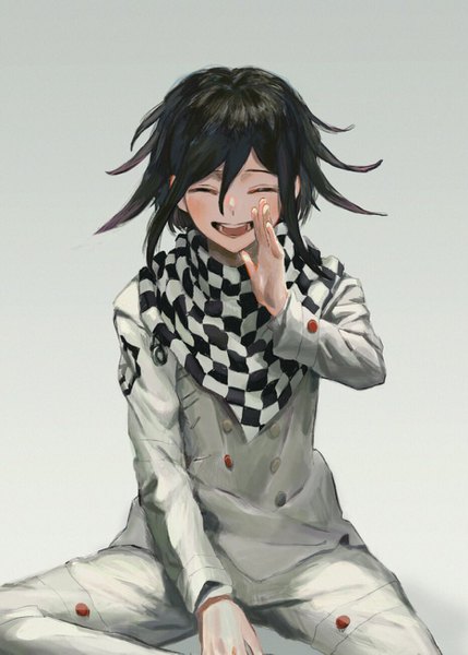 Anime picture 932x1303 with dangan ronpa new danganronpa v3 ouma kokichi dokujiso single tall image blush fringe short hair open mouth black hair simple background smile hair between eyes sitting bent knee (knees) eyes closed ^ ^ between legs hand to mouth