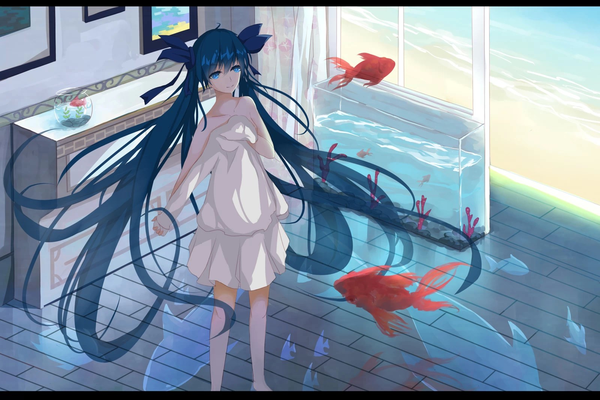 Anime picture 1600x1067 with vocaloid hatsune miku .l.l single blue eyes light erotic twintails blue hair very long hair girl bow hair bow animal fish (fishes) seashell aquarium