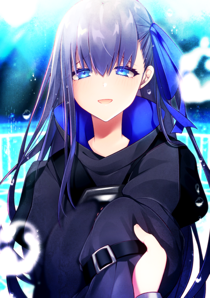 Anime picture 1000x1418 with fate (series) fate/extra fate/extra ccc meltryllis (fate) ponita long hair tall image looking at viewer fringe open mouth blue eyes smile hair between eyes :d blurry solo focus pov hands in sleeves girl ribbon (ribbons)