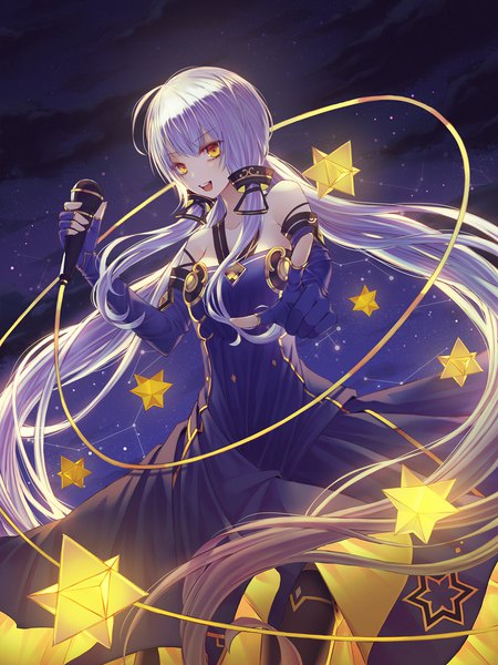 Anime picture 1500x2000 with vocaloid xingchen cecil86 single tall image looking at viewer fringe open mouth hair between eyes bare shoulders yellow eyes purple hair cloud (clouds) ahoge very long hair :d night teeth night sky floating hair
