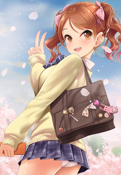 Anime picture 900x1300 with idolmaster idolmaster cinderella girls houjou karen kazu single tall image blush short hair open mouth light erotic brown hair twintails brown eyes pleated skirt pantyshot cherry blossoms plaid skirt short twintails victory wavy hair