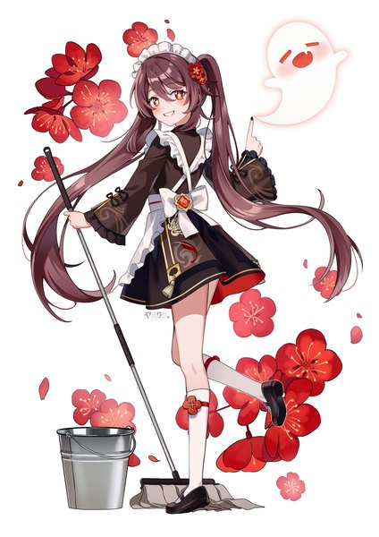 Anime picture 2480x3510 with genshin impact hu tao (genshin impact) boo tao (genshin impact) yaruwashi single long hair tall image looking at viewer fringe highres smile hair between eyes red eyes brown hair standing twintails nail polish looking back maid grin