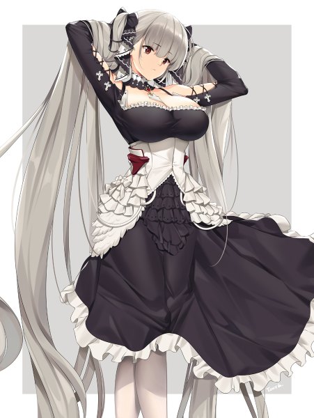 Anime picture 902x1200 with azur lane formidable (azur lane) tony guisado single tall image fringe breasts simple background hair between eyes red eyes large breasts standing twintails signed cleavage blunt bangs long sleeves very long hair head tilt grey hair