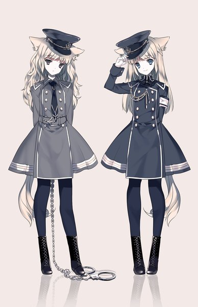 Anime picture 754x1165 with original cierra (ra-bit) long hair tall image looking at viewer fringe blue eyes blonde hair simple background standing multiple girls animal ears full body tail animal tail black eyes cat ears grey background cat girl cat tail
