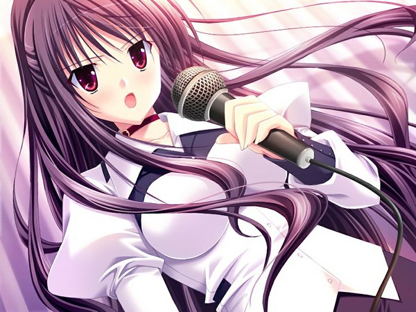 Anime picture 1024x768 with prima stella long hair red eyes game cg purple hair girl microphone