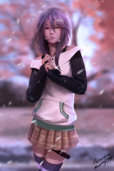 Anime picture 1362x2048 with rosario+vampire shirayuki mizore herodees single long hair tall image looking at viewer open mouth red eyes signed purple hair long sleeves lips realistic zettai ryouiki girl skirt plant (plants) miniskirt petals