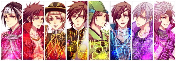 Anime picture 2000x691 with sengoku basara production i.g date masamune sanada yukimura motochika chousokabe mitsunari ishida motonari mouri maeda keiji otomo sorin amago haruhisa highres short hair open mouth blue eyes blonde hair smile brown hair wide image white background purple eyes