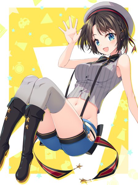 Anime picture 1200x1604 with virtual youtuber hololive oozora subaru oozora subaru (2nd costume) mac-kine single tall image looking at viewer short hair open mouth blue eyes brown hair :d midriff official alternate costume groin waving girl thighhighs shorts