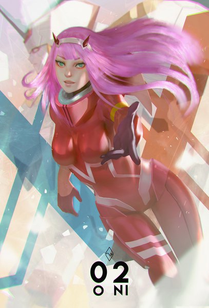 Anime picture 1333x1963 with darling in the franxx studio trigger zero two (darling in the franxx) strelizia mangamie single long hair tall image looking at viewer fringe green eyes pink hair horn (horns) realistic thigh gap outstretched hand girl headband bodysuit pilot suit