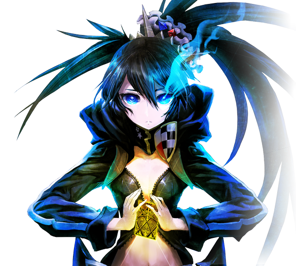 Anime picture 1213x1092 with black rock shooter black rock shooter (character) huke single long hair looking at viewer blue eyes black hair twintails glowing transparent background glowing eye (eyes) girl card (cards)