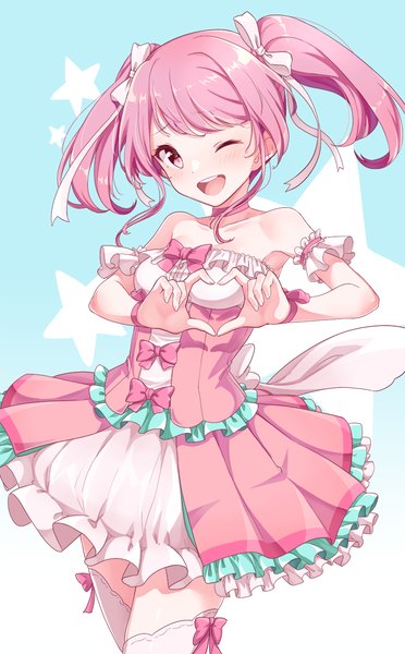 Anime picture 800x1288 with bang dream! maruyama aya konnyaku (kk-monmon) single long hair tall image looking at viewer blush open mouth twintails bare shoulders pink hair one eye closed pink eyes wink teeth ;d heart hands girl thighhighs