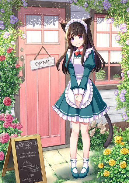 Anime picture 848x1200 with original coconat summer single long hair tall image looking at viewer blush fringe smile brown hair standing animal ears payot full body outdoors tail blunt bangs long sleeves animal tail pink eyes