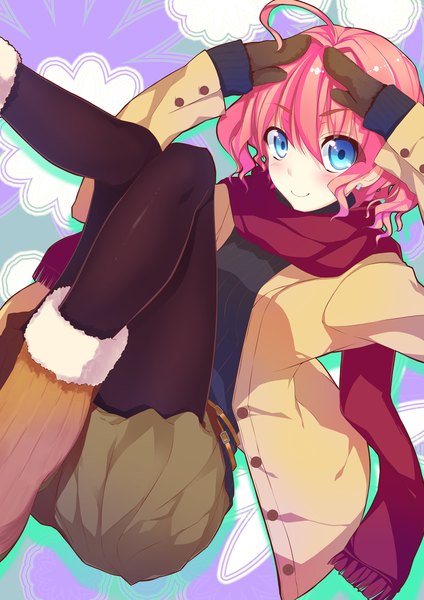 Anime picture 1400x1981 with original aki ii single tall image blush short hair blue eyes smile pink hair girl pantyhose jacket boots scarf winter clothes