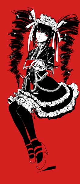 Anime picture 832x1900 with dangan ronpa celestia ludenberg hug (yourhug) single long hair tall image looking at viewer fringe simple background smile red eyes twintails holding nail polish fingernails shadow zettai ryouiki outstretched arm drill hair red background