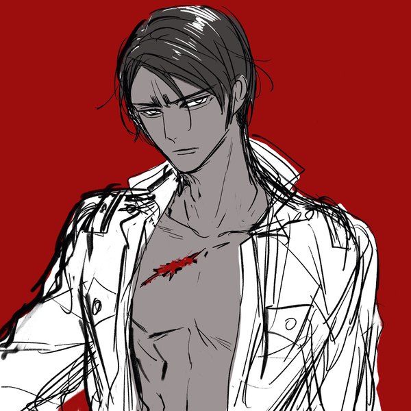 Anime picture 2048x2048 with golden kamuy koito otonoshin morro cco single looking at viewer highres short hair simple background upper body open shirt monochrome eyebrows red background sketch injury spot color boy shirt blood