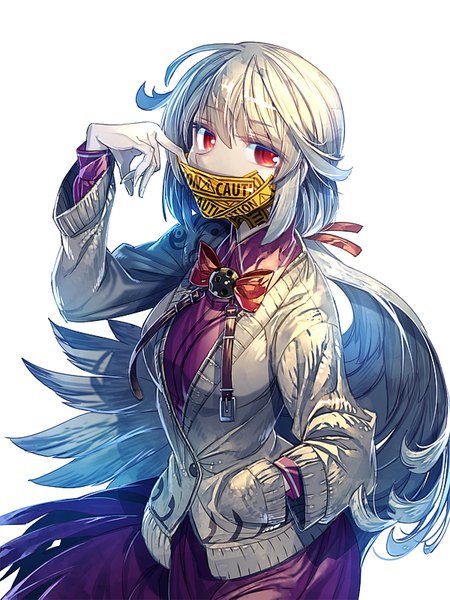 Anime-Bild 600x800 mit touhou kishin sagume zounose single long hair tall image looking at viewer simple background red eyes white background silver hair low ponytail alternate hairstyle covered mouth hand in pocket alternate hair length single wing girl wings cardigan