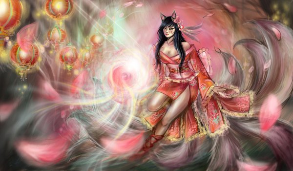Anime picture 1800x1050 with league of legends ahri (league of legends) single long hair highres black hair wide image animal ears japanese clothes animal tail fox ears facial mark multiple tails whisker markings girl dress petals kimono obi