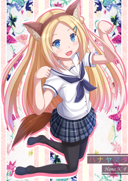 Anime picture 945x1337 with hanayamata madhouse hana n. fontainestand kazenokaze single long hair tall image looking at viewer blush open mouth blue eyes blonde hair animal ears tail animal tail teeth fang (fangs) girl skirt uniform