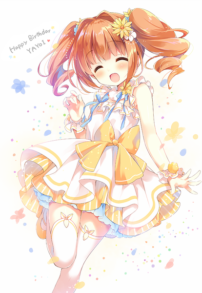 Anime picture 576x834 with idolmaster takatsuki yayoi suimya single tall image blush fringe short hair open mouth twintails payot eyes closed :d orange hair drill hair short twintails ^ ^ happy birthday girl thighhighs