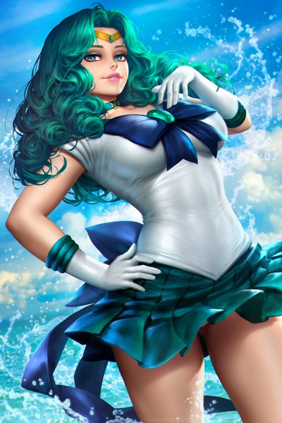 Anime picture 2400x3597 with bishoujo senshi sailor moon toei animation kaiou michiru sailor neptune nudtawut thongmai single long hair tall image looking at viewer highres breasts blue eyes light erotic large breasts standing sky parted lips pleated skirt arm up green hair