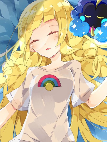 Anime picture 750x1000 with pokemon pokemon sm nintendo lillie (pokemon) cosmog nikorashi-ka long hair tall image blush open mouth blonde hair lying braid (braids) eyes closed parted lips from above short sleeves on back twin braids sleeping