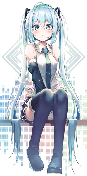 Anime picture 2827x5680 with vocaloid hatsune miku apple ringo single tall image looking at viewer blush fringe highres simple background hair between eyes white background sitting twintails bare shoulders payot full body ahoge very long hair pleated skirt