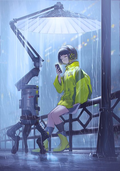 Anime picture 780x1108 with original mogumo single tall image fringe short hair black hair sitting holding yellow eyes outdoors night rain girl jacket boots headphones mobile phone smartphone lamp