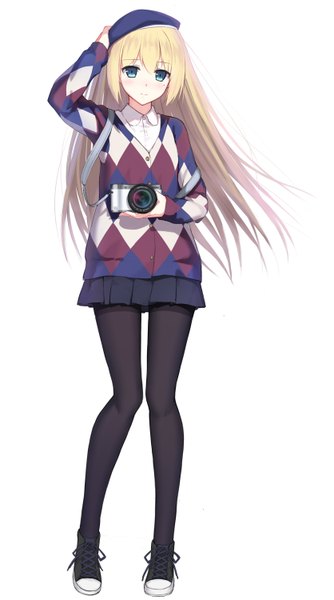 Anime picture 1670x3000 with original samsung shiina shizuku hagi (ame hagi) single long hair tall image looking at viewer blush fringe highres blue eyes simple background blonde hair standing white background holding bent knee (knees) pleated skirt wind