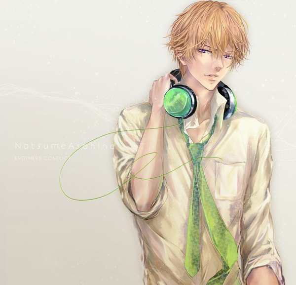 Anime picture 1000x963 with brothers conflict idea factory asahina natsume cor single short hair simple background blonde hair smile purple eyes looking away lips open collar headphones around neck boy shirt headphones