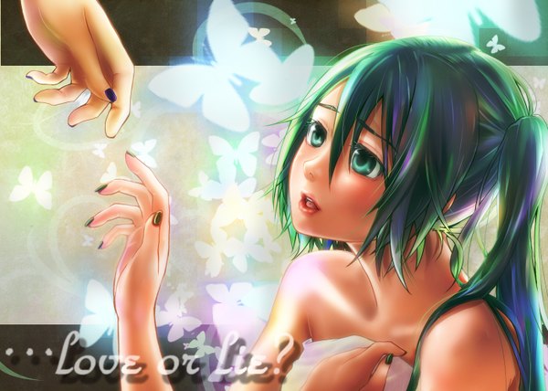 Anime picture 1400x1000 with vocaloid hatsune miku masami chie long hair open mouth twintails bare shoulders green eyes nail polish green hair lips girl insect butterfly