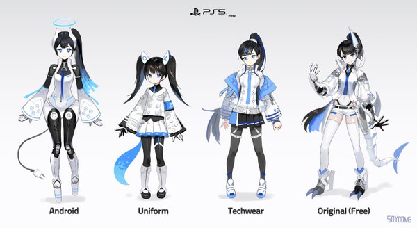 Anime picture 5845x3197 with original sony soyoong jun long hair looking at viewer highres blue eyes black hair simple background wide image standing twintails multiple girls signed absurdres full body ponytail tail horn (horns) gradient background