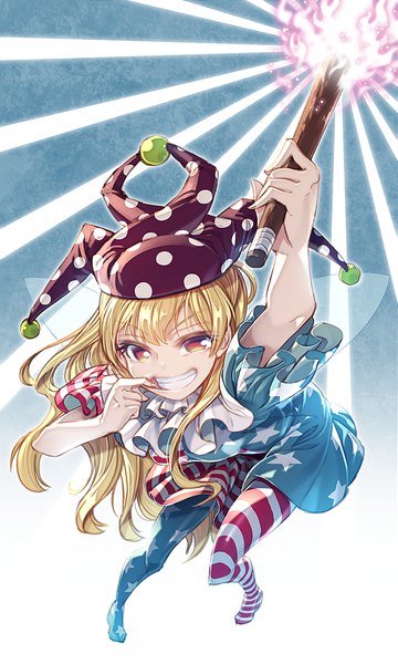 Anime picture 600x1000 with touhou clownpiece zounose single long hair tall image blonde hair smile red eyes arm up no shoes grin striped polka dot star print girl dress hat wings star (symbol)