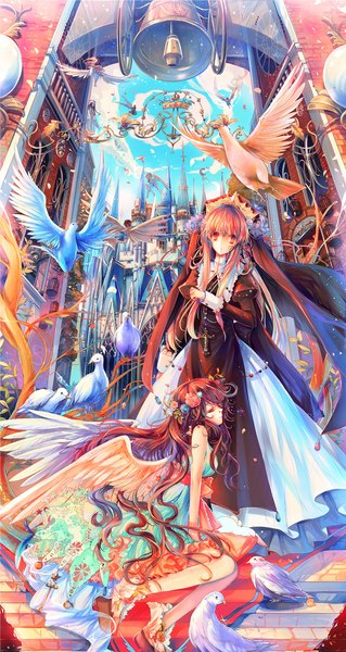Anime picture 637x1197 with original kirero (pixiv) long hair tall image red eyes brown hair multiple girls cloud (clouds) red hair girl dress hair ornament flower (flowers) 2 girls animal wings bird (birds) bell