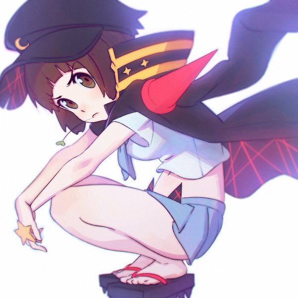 Anime picture 1080x1080 with kill la kill studio trigger mankanshoku mako ilya kuvshinov single looking at viewer fringe short hair simple background brown hair white background holding brown eyes bare belly mouth hold squat clothes on shoulders >:( girl skirt
