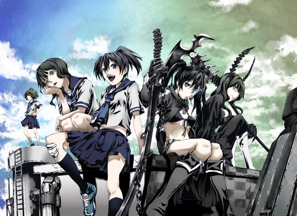 Anime picture 3509x2550 with black rock shooter black rock shooter (character) dead master kuroi mato takanashi yomi yuu (black rock shooter) munakata long hair highres short hair blue eyes black hair smile sitting twintails multiple girls absurdres very long hair midriff glowing