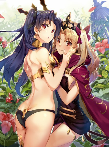 Anime picture 744x1000 with fate (series) fate/grand order ishtar (fate) ereshkigal (fate) renka (renkas) long hair tall image looking at viewer blush fringe breasts open mouth light erotic black hair blonde hair red eyes standing bare shoulders multiple girls outdoors