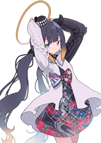 Anime picture 2894x4093 with virtual youtuber hololive hololive english ninomae ina'nis ninomae ina'nis (3rd costume) hanten (hantennano) single tall image looking at viewer fringe highres blue eyes black hair simple background white background twintails animal ears blunt bangs very long hair arms up