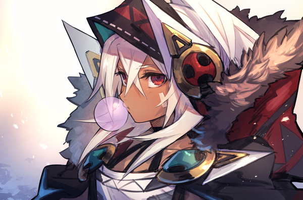 Anime picture 1500x991 with azur lane minneapolis (azur lane) mephist single long hair looking at viewer blush fringe simple background hair between eyes red eyes payot upper body white hair ponytail fur trim dark skin face paint bubble blowing native american