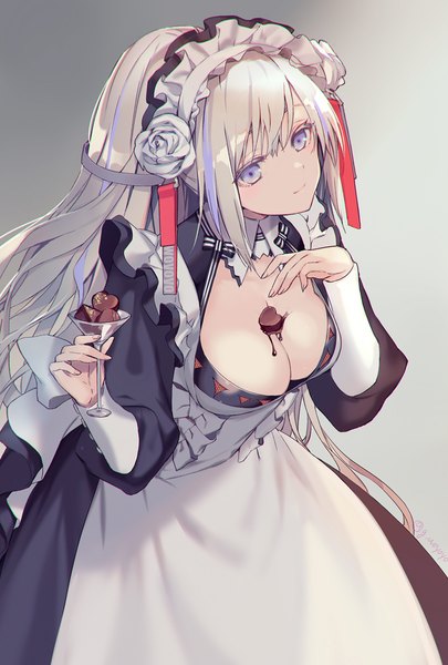 Anime picture 1000x1480 with original gin (oyoyo) single long hair tall image breasts light erotic simple background large breasts purple eyes cleavage silver hair multicolored hair grey background maid streaked hair valentine chocolate on breasts girl uniform