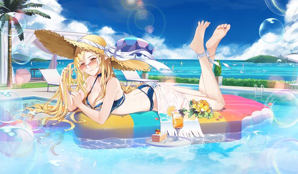 Anime picture 1920x1123 with ao la xing zuo600 single long hair looking at viewer fringe highres breasts light erotic blonde hair wide image large breasts yellow eyes sky cloud (clouds) full body bent knee (knees) outdoors lying barefoot