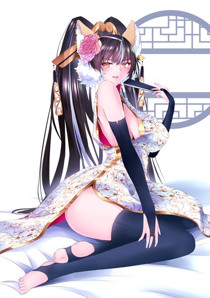 Anime picture 2121x3000 with wonderland wars anesaki single tall image looking at viewer blush fringe highres breasts open mouth light erotic black hair smile hair between eyes large breasts sitting twintails holding animal ears yellow eyes