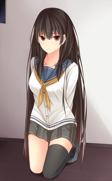 Anime picture 816x1310 with kantai collection isokaze destroyer kanpyo (hghgkenfany) single long hair tall image looking at viewer fringe black hair red eyes pleated skirt kneeling hands behind back tress ribbon girl thighhighs skirt uniform ribbon (ribbons) black thighhighs