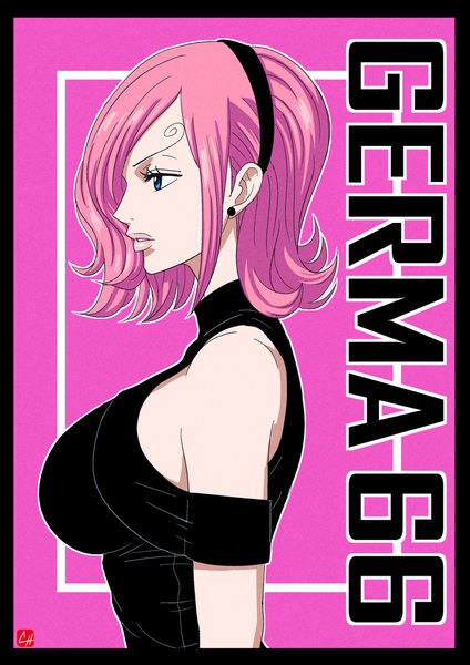 Anime picture 1448x2048 with one piece toei animation vinsmoke reiju chris re5 single tall image short hair breasts blue eyes signed looking away pink hair parted lips profile lips inscription lipstick border eyebrows pink background