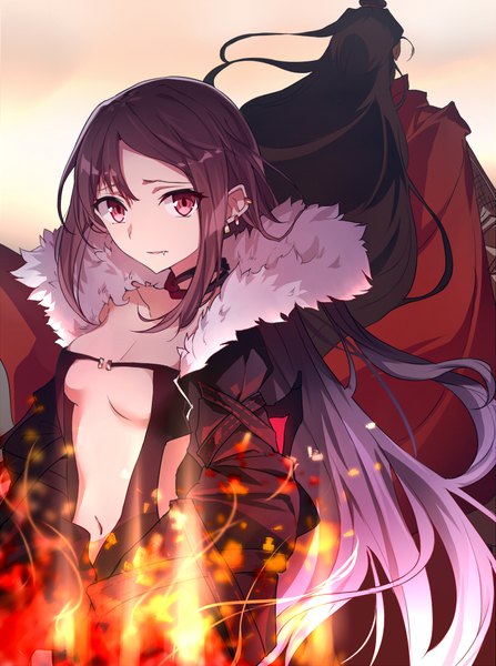 Anime picture 807x1084 with fate (series) fate/grand order tagme (character) yu mei-ren (fate) tsuedzu long hair tall image looking at viewer fringe breasts light erotic black hair simple background hair between eyes red eyes brown hair from behind fang (fangs) fur trim piercing