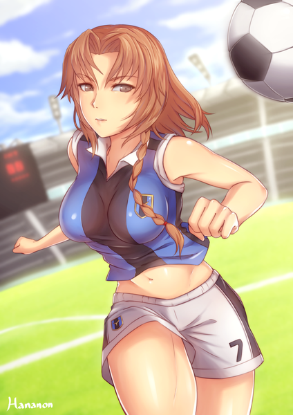 Anime picture 744x1052 with original thousand characters project (hananon) yuzu (thousand characters project) hananon single long hair tall image breasts light erotic brown hair large breasts brown eyes sleeveless football girl uniform shorts gym uniform ball white shorts